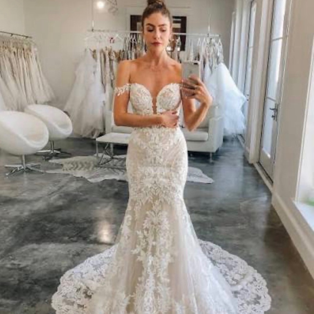Martina Liana Off-Shoulder Lace Wedding Dress in White and Cream